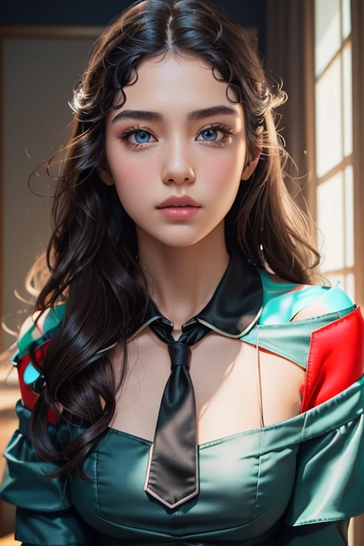 Woman 1,( (costume_Black color), ( consultation_Off shoulder slim blouse:1.5 ) ), ( parted_Bold waves:1.5 ) ,( masterpiece, top quality, best quality,8K,17 year old girl,very detailed,RAW photos:1.5),(realistic:1.4),(movie lights), PerfectNwsjMajic, , surrealism, UHD, accurate, super detail, textured skin, high detail, best quality, dynamic angle, (high nose,White skin),[beautiful blue eyes] ,upper body,