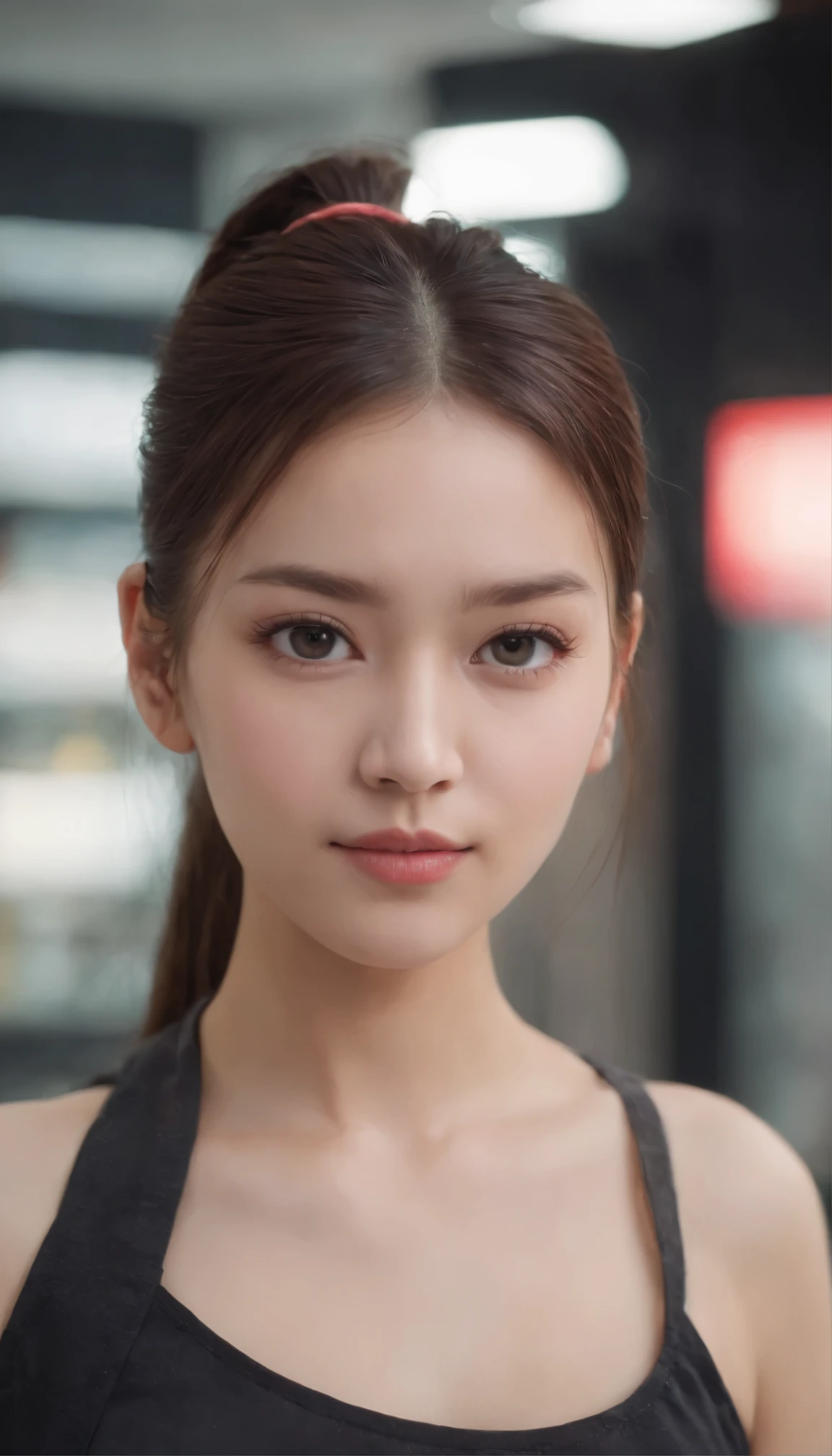 Kinematic Matrix 5, National Foundation,20-year-old girl with ponytail, Large dark gray eyes, And a perfect oval face, Presented in a realistic style,With sharp edges and a vibrant vibe, Standing in a convenience store with bare chest