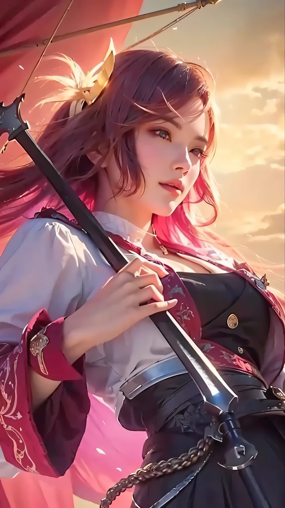 a close up of a woman holding a sword in a field, extremely detailed artgerm,