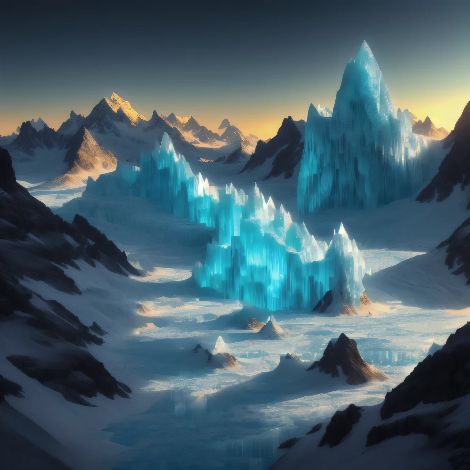 mountains with ice and snow are shown in this image, industrial futuristic ice mine, inspired by Mike Winkelmann, with a snowy mountain and ice, extravagant matte painting, luminescent matte painting, glowing crystal cave, inspired by Michal Karcz, golden mountain in the desert, icy mountains, glacier, surreal frozen landscape, elaborate matte painting，mountains and icebergs in a vast expanse of snow, icy mountains, surreal frozen landscape, rendered in redshift, gorgeous 3d render, ice mountains in the background, ice mountains afar, marc adamus, stuning fantasy 3 d render, by Alexander Kucharsky, inspired by Mike Winkelmann, glacier landscape, impressive fantasy landscape, beautiful render of a landscape