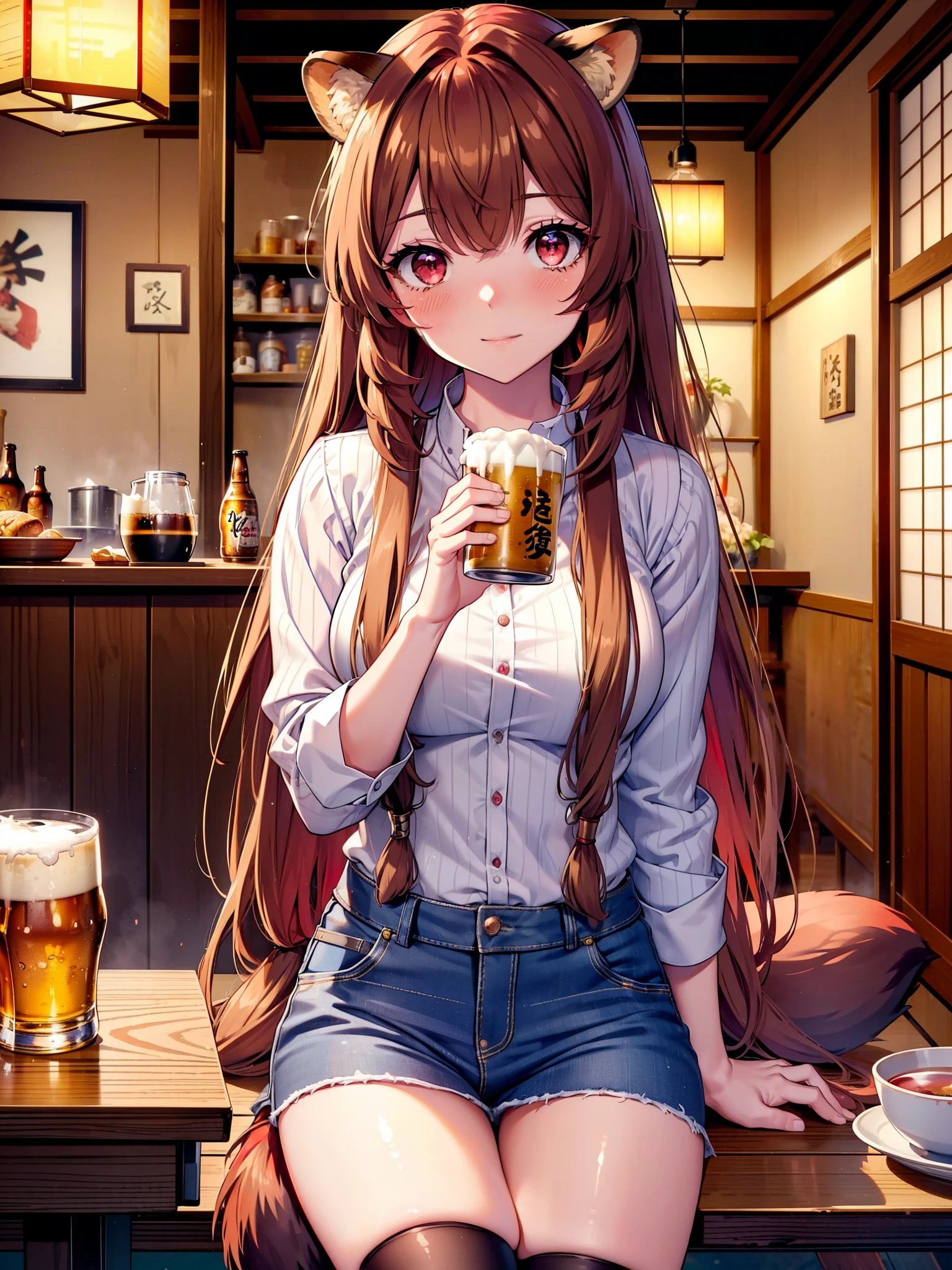 Raphtalia, Raphtalia, Animal ears, Brown Hair, Long Hair, Raccoon Ears, Raccoon Girl, racoon tail, (Red eyes:1.5), smile,blush,I'm drunk,tail,smile,Oversized checkered shirt,Short denim,Black knee socks,Food and beer mugs on the table,Sitting in a chair,Break indoors,Izakaya ,壊す looking at viewer, (Cowboy Shot:1.5),highest quality, High resolution, unity 8k wallpaper, (shape:0.8), (Beautiful detailed eyes:1.6), extra detailed face, Perfect lighting, extremely details CG, (Perfect hands, Perfect Anatomy), (