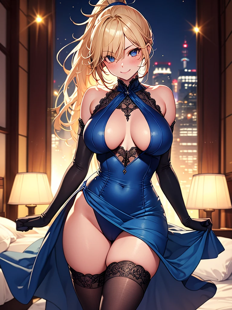 (highest quality, High resolution, perfect pixel, Depth of bounds written, 4K), full body, hotel room, detailed eyes, (1 lady), tall, (skinny body:1.2) , (thin thighs:1.2), large breasts, (side boob), blond hair, (ponytail:1.2), (midnight blue party dress:1.2), cross halter, (thigh gap), (sleeveless), bare back, elbow gloves, (lace legwear), (light smile), blush,