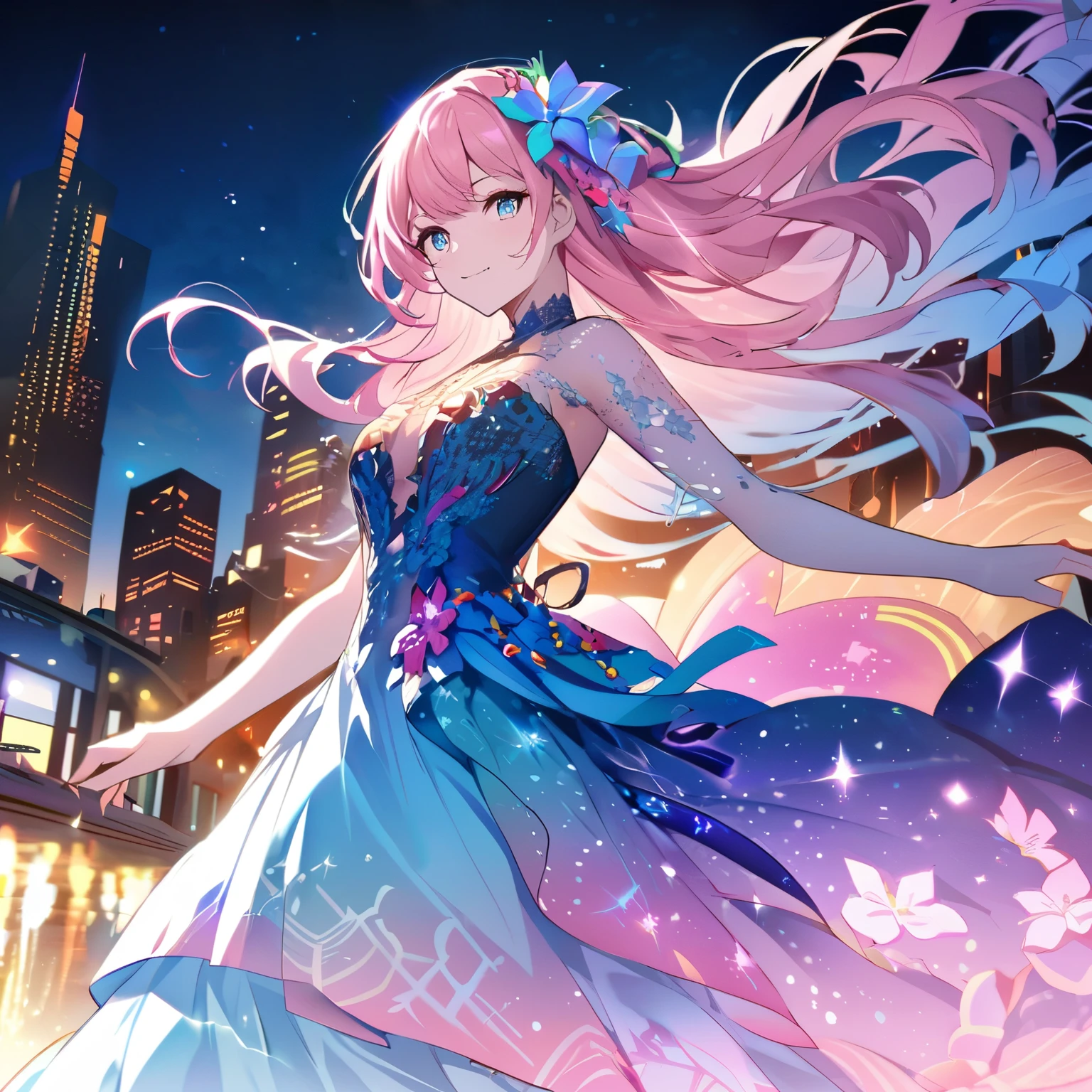 Create an anime-style illustration of a character wearing an elaborate Hawaiian dress decorated with flowers and jewels against a bright night beach background. The dress should have multiple layers and ruffles, with jewels of different colors embedded throughout. Draw the character's face in detail. Pink's character's pink hair should be long and flowing to complement the intricate design of the dress. The cityscape at night should be vibrant. The streets are lit up in different colors and the streets are buzzing with lights indicating an active nightlife. Includes light reflections from buildings in the body of water between them.