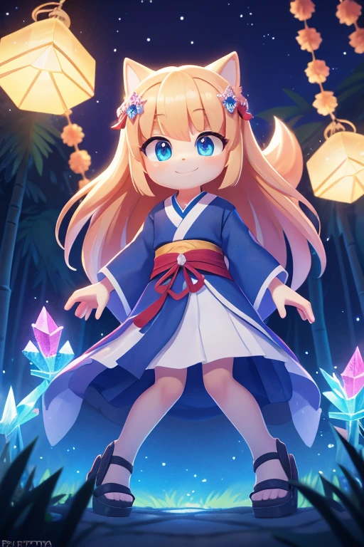 absurdity, one girl, smile, {image of Tanabata} {Real: 0.75} {Hi-Res Texture} {Background suitable for Tanabata } {Full body} {x hair ornament} {{Japanese clothes}} {Yukata with blue tones} {One Girl} {3D HDTV Background} {Bamboo Leaf Strip} {Strip Wish} {Joy} {{Beautiful Golden Long Hair}} {Super High Quality} {Super Awesome} {Summer Wind Chime} {Night Sky Lanterns Shine} {Moonlight} {Detailed representation of fingers} {Clearly depict small white light reflections in the pupils, which adds depth to the pupils} {Full Body} {A woman with a little adult charm} {Brilliant Stars} {best detail eyes} {Super Definition Masterpiece Best Quality:1.2 4DCG High Quality} {Break (Crystal: 1.3), focusing on girls, shining, highly detailed faces and eyes} {Break Bright color contrast is eye-catching, blur effect adds depth} {Enhance the subject by blurring the background} {clogs on feet} {geta} {night sky}