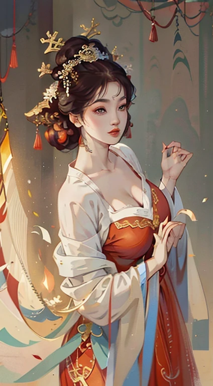 Chinese illustration, in pictures, in red, ,(Sagging breasts、Cleavage, cleveage、Thick thighs, Perfect body, )The background is the lights of ten thousand homes, Hair accessories, Depth of Field, Movie Lighting, Divine Light, Backlighting, High Detail, Ultra HD, masterpiece, high resolution