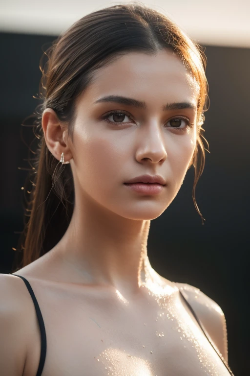 highres,4k,HDR,1girl, photorealistic, realistic,sweat skin, thin face, light makeup, standing,(((half body))), medium breasts, earing, nakelet,