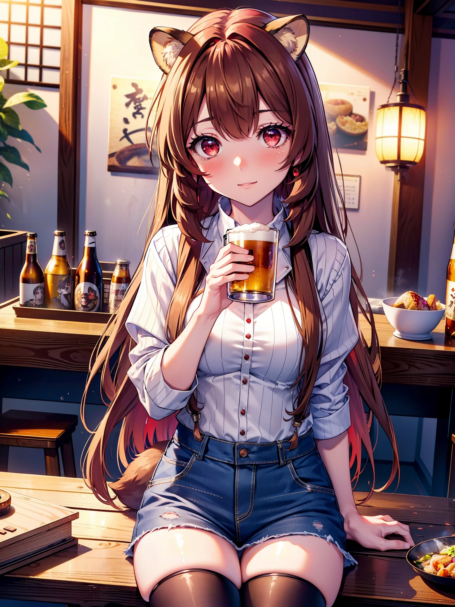 Raphtalia, Raphtalia, Animal ears, Brown Hair, Long Hair, Raccoon Ears, Raccoon Girl, racoon tail, (Red eyes:1.5), smile,blush,I'm drunk,tail,smile,Oversized checkered shirt,Short denim,Black knee socks,Food and beer mugs on the table,Sitting in a chair,Break indoors,Izakaya ,壊す looking at viewer, (Cowboy Shot:1.5),highest quality, High resolution, unity 8k wallpaper, (shape:0.8), (Beautiful detailed eyes:1.6), extra detailed face, Perfect lighting, extremely details CG, (Perfect hands, Perfect Anatomy), (