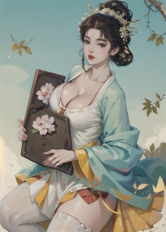 A girl， Chinese Clothing， whole body,(Sagging breasts、Cleavage, cleveage、Thick thighs, Perfect body, )， Sunlight， Clear face， Clean white background，wolfberry flower， masterpiece， Super Detail， Epic creation， Ultra HD， high quality， Very detailed， official art， 8K Wallpaper， Super Detail， 32k，Holding the guzheng，Next to the jujube tree 