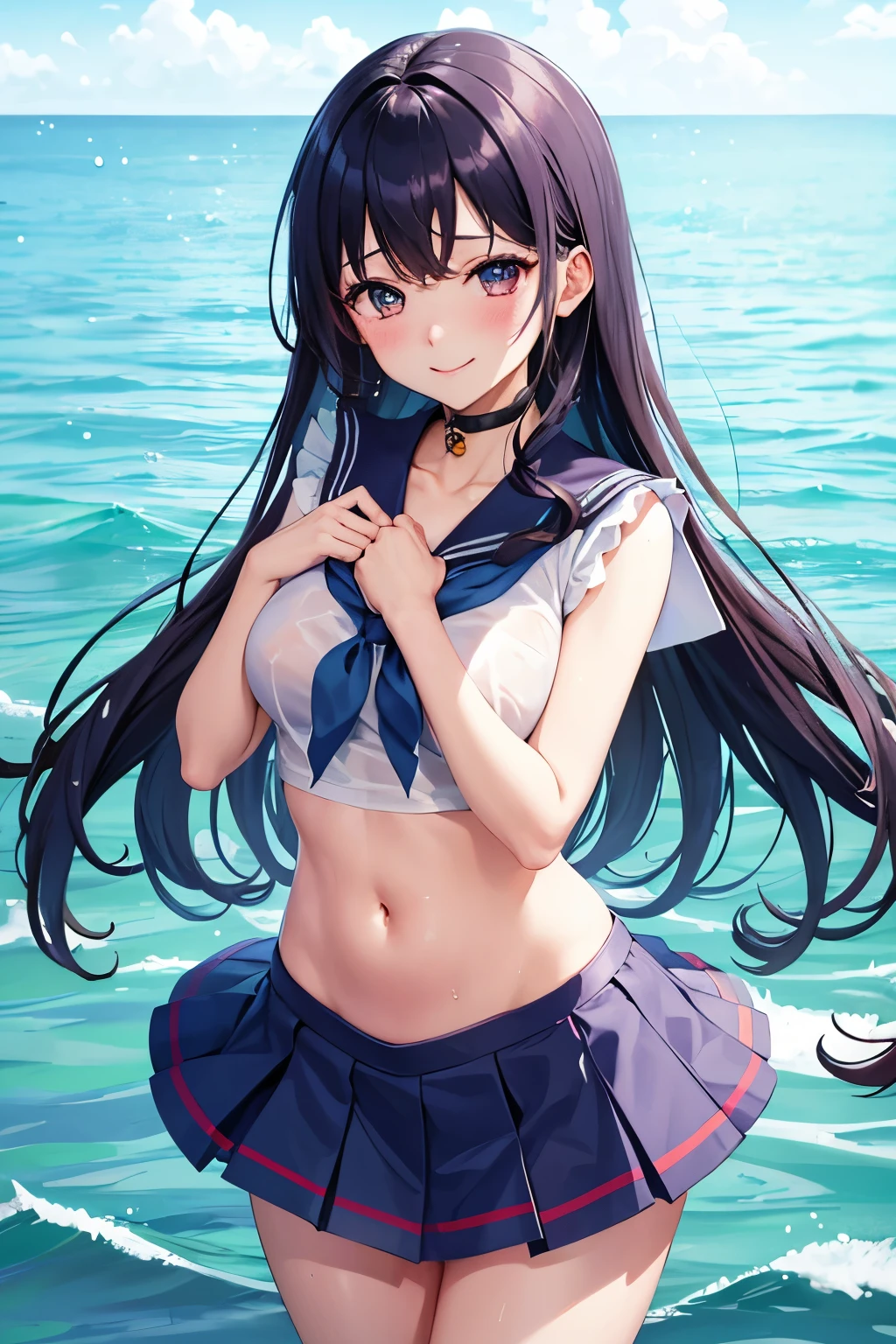 ((highest quality、Masterpiece、Normal body、8k、Detailed face、Ultra-precision、Normal hand、Normal finger、5Finger、Highest))rainbow髪、Sailor suit、Miniskirt、High leg、Gentle Breeze、Shy smile、water droplets、Wet and see-through、Sailor suitがWet and see-throughて下着が見える、Embarrassed, she covers her chest and crotch with both hands、rainbow