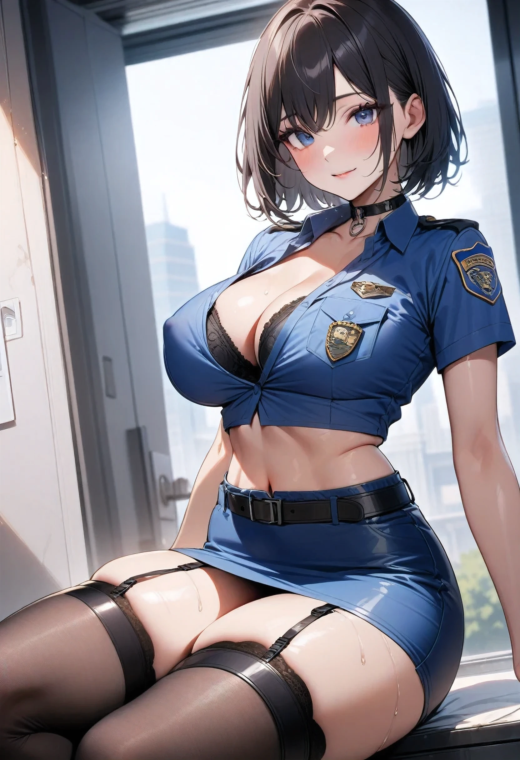 masterpiece, high quality, detailed eyes, 1girl, solo,black medium hair, bobcut, bangs, (large breast1.0),  light smile, (muscular:0.5), (police uniform),arm badge,  short sleeves, breast pocket, belt, cleavage, Cropped tops, blue short Pencil Skirt,  garter strap, black stockings, choker, thigh strap, covered nipple,  sexy  , black hair ,shirt came off, undone , a police office , indoor , black bra