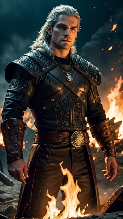 Man, witcher, henry cavill, king, fire all around, Sparks, Fiery explosion, element, strength, Brutality, Blue eyes, vortex, energy, irresistible charm, weapon, high quality, masterpiece