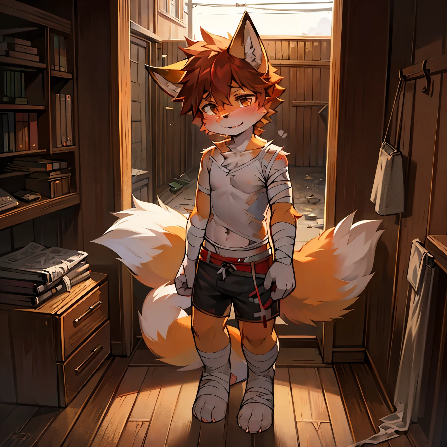 Outdoor panoramic view,Fox Boy,Men's Center,Furry shota,Bright Eyes,Height 1.6 meters,Summer Shirts,Summer shorts,smile,
