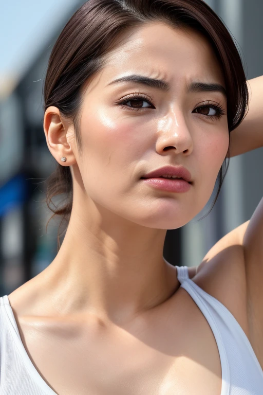 Beautiful Japanese actresses,1 girl,flying debris,,Award-winning photo, Very detailed, Keep your eyes focused, Nose and mouth,Face Focus, Extreme close up of face、 Age 35,Brown Hair、Symmetrical face,Realistic nostrils、Angle from below、Elongated C-shaped nostrils,(Sharp Nose)Sweaty skin、Shiny skin,(Brow wrinkles))（Cum on tongue)、((Thin eyebrows))Oily skin、Glowing Skin、double eyelid、、Beautiful woman、Medium Hair、Shortcuts、Tank top,I can see the sky、Shibuya Center Street、(((Show your side,throw))),Raise your eyebrows, (((I can't stand it and leak pee,Peeing with clothes on, Frowning))), Textured skin,Long upper arms,((raised eyebrows, furrowed brow, frown, scowl)Squat,Large Breasts,((Always lift your arms and show your sides))Long arms,