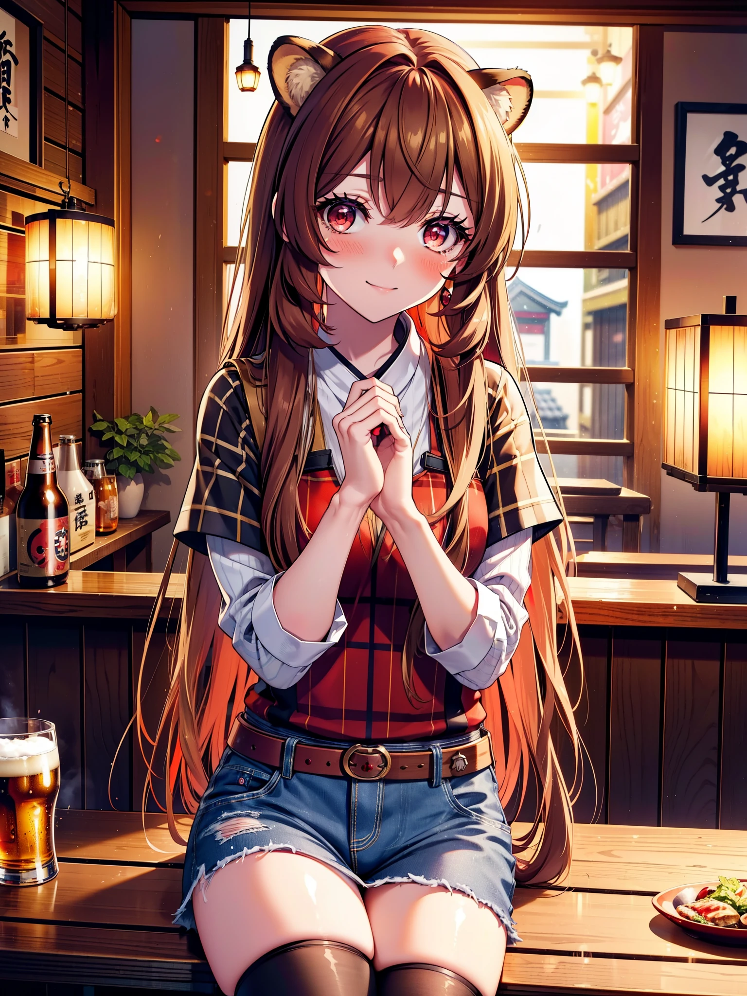 Raphtalia, Raphtalia, Animal ears, Brown Hair, Long Hair, Raccoon Ears, Raccoon Girl, racoon tail, (Red eyes:1.5), smile,blush,I'm drunk,tail,smile,Oversized checkered shirt,Short denim,Black knee socks,There is food and beer mugs on the table,Sitting in a chair,Break indoors,Izakaya ,壊す looking at viewer, (Cowboy Shot:1.5),highest quality, High resolution, unity 8k wallpaper, (shape:0.8), (Beautiful detailed eyes:1.6), extra detailed face, Perfect lighting, extremely details CG, (Perfect hands, Perfect Anatomy), (