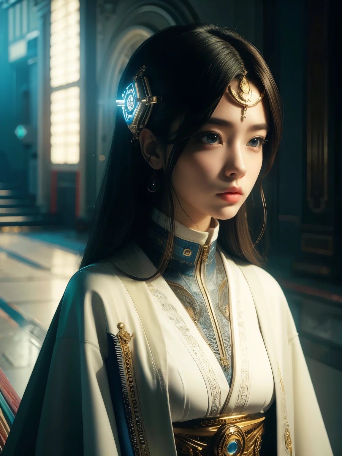 (high quality), (masterpiece), (detailed), 8K, Hyper-realistic portrayal of a futuristic (1girl1.2), Japanese character. Meticulous details bring the character to life in this visually stunning composition, showcasing the seamless blend of tradition and innovation. Trending on Artstation.