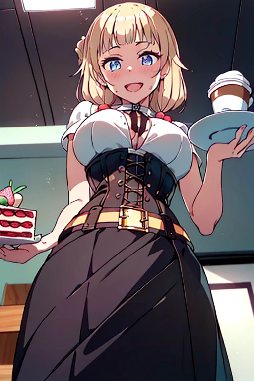 (dynamic angle:1.3, front view:1.1, breast focus:1.3, from below:1.2), (dynamic posing:1.5, sexy posing:1.2, leaning forward), (seductive smiling:1.3), ((looking at viewer, holding a cake)),highest quality、(real、photorealistic:1.4),(ultra high resolution, 8K RAW photo, clear focus), best qualtiy, natural lighting, field depth, (Bright pupils, detailed beautiful eyes, high detailed face), Red lip, (tight focus:1.2, from below), sexy posing, a girl 22yo old, teacher, wearing a , bootyshorts, Thicc, thin breast, long hair, blue eyes,off-shoulder dress, sweater dress, off-shoulder sweater, red sweater,garter stocking, cleavage:1.1, midriff, black shorts, black thighhighs, thigh strap, pretty girl, (highly detailed beautiful face and eyes,firm breasts),real skin,((black,hair,long pony tail hair)),thin pubic hair,cute,lovely, detailed eyes, This masterpiece is only visually stunning but also tells,(double breasted:1.2,under bust:1.2),(with sparkling eyes and a contagious smile),open mouth, Looking at Viewer, posed cleavage:1.2,pose muy sexy"