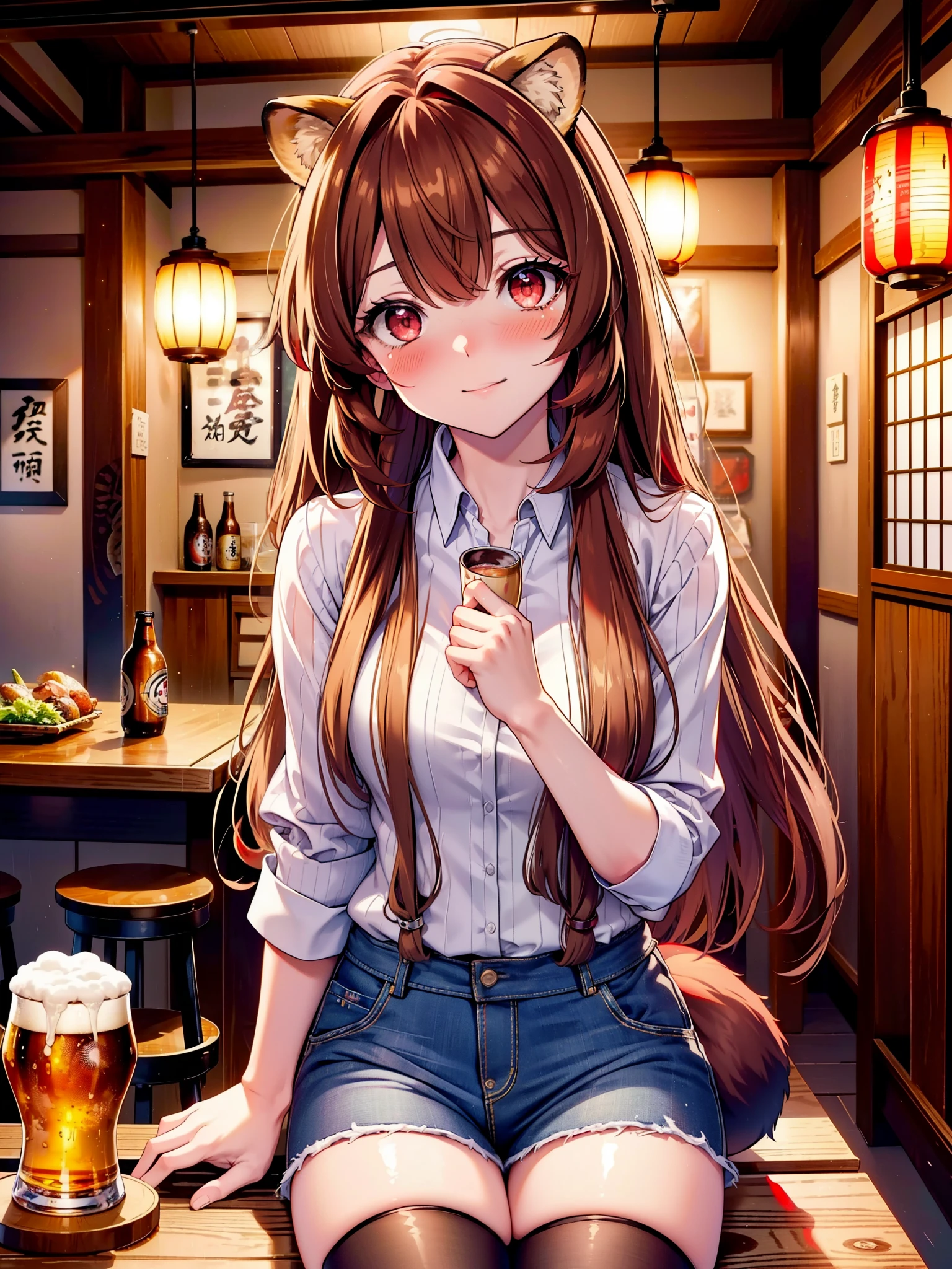 Raphtalia, Raphtalia, Animal ears, Brown Hair, Long Hair, Raccoon Ears, Raccoon Girl, racoon tail, (Red eyes:1.5), smile,blush,I'm drunk,tail,smile,Oversized checkered shirt,Short denim,Black knee socks,There is food and beer mugs on the table,Sitting in a chair,Break indoors,Izakaya ,壊す looking at viewer, (Cowboy Shot:1.5),highest quality, High resolution, unity 8k wallpaper, (shape:0.8), (Beautiful detailed eyes:1.6), extra detailed face, Perfect lighting, extremely details CG, (Perfect hands, Perfect Anatomy), (