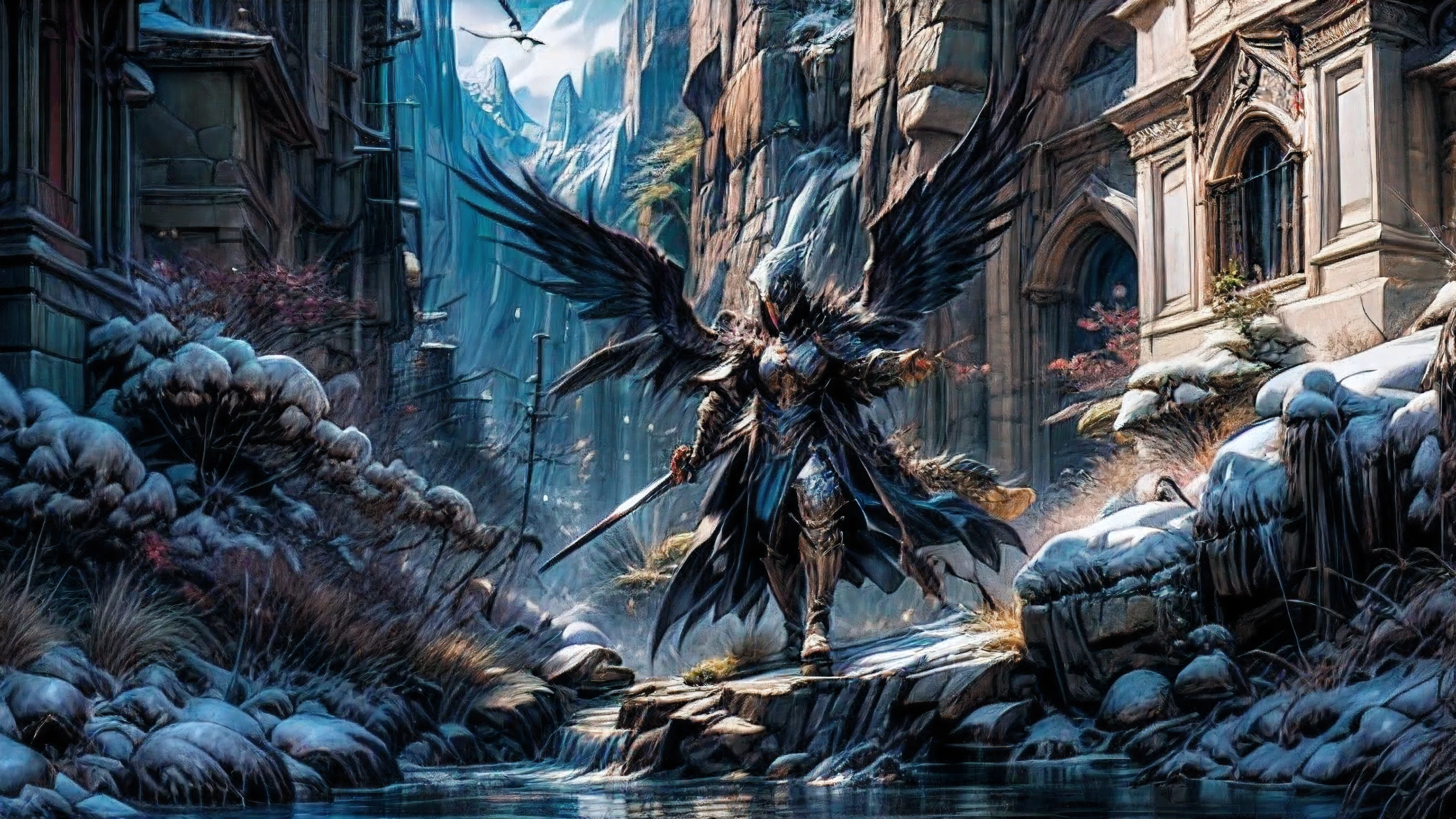 Make a very real image of the a black archangel Saint Gabriel with a warrior's armor and a sword in his hand, with large black wings and in the background you can see a valley with large mountains, a river and white birds flying around