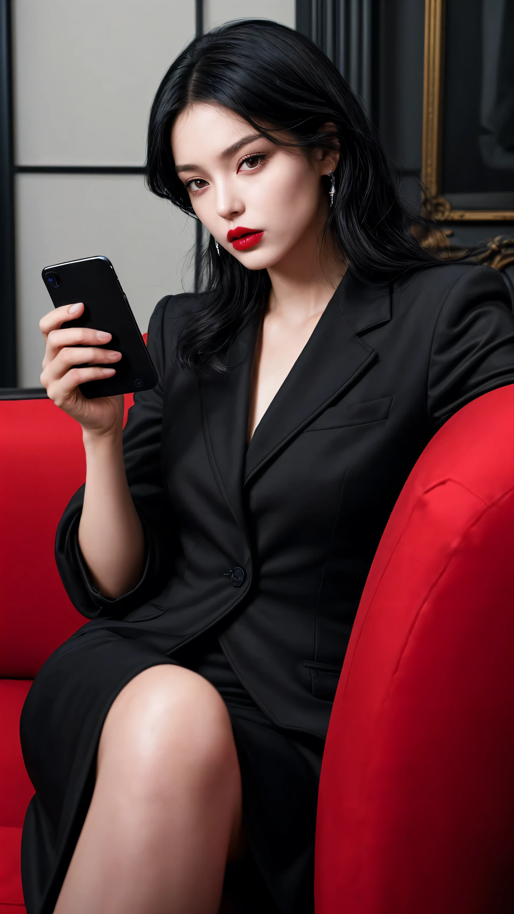 1 man, Sitting on the sofa, Hold your phone, Black Hair, black eyes, Red lips, Black suit, doubt, Tangle, masterpiece, best quality