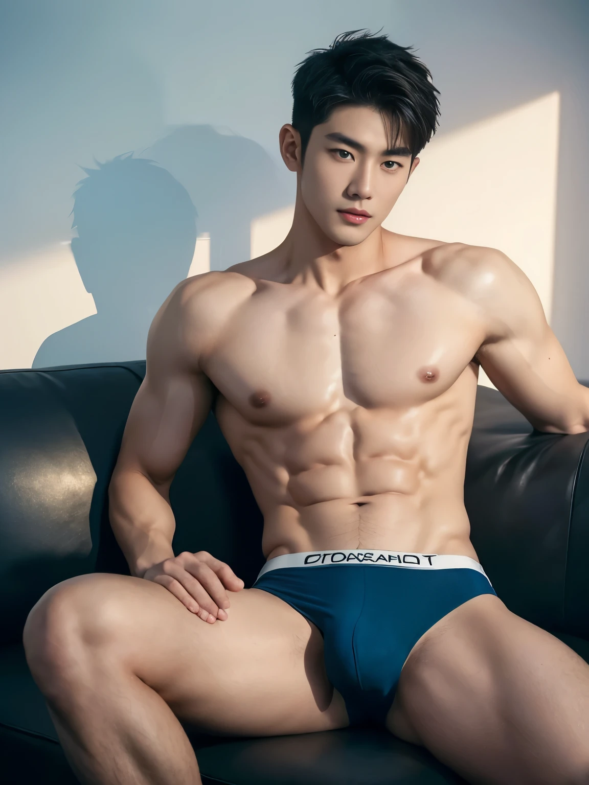 Handsome Korean, briefs, handsome Korean guy, handsome boy, Full Body Shoot, full body, photoshoot, male underwear, briefs, portrait, look at camera, detailed facial parts, Manly, Charmer, Active Boy, lying back on sofa, sleep on sofa, harness, happy expression, perfect anatomy, symmetric body, asian boy 18years old, shirtless :: high detail, asian, 6packs, six pack, slim body, realistic, human skin, Short Hairstyle, handsome chad chin, shirtless, handsome, attractive, slightly muscular man, masculine, skinny, lean, lean muscle, sexually attractive, human skin, (eyes contact), Handsome, Attractive, bulge in briefs, The crotch is raised, pastel background