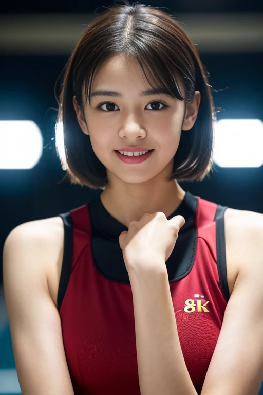 (8k, RAW Photos, highest quality, masterpiece:1.3), (Realistic, photo-Realistic:1.4), (Highly detailed 8k wallpaper), Sharp focus, Written boundary depth,
Japanese Idols,very cute,(Baby Face), (Training wear:1.3),(Shortcuts : 1.3), Look at us and laugh, whole body, Highly detailed face and eyes,((Shiny skin:1.2)), Cinema Lighting, Soft Light, Blur the background, Training Room)