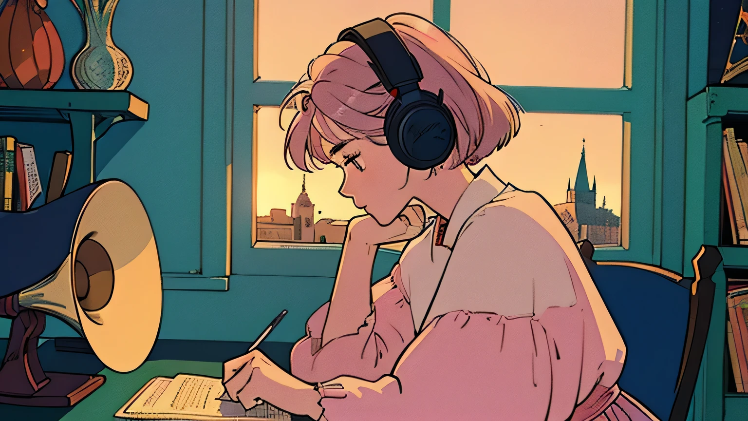 (praise), (side shot), (wide shot),((looking down)),sleepy, Wearing headphones,A girl studying at a desk in a room, magical research, Reading a book, Wearing Glass, Pink Hair,Fluffy bob cut,Shoulder length, evening,sunset,Analog Color Theme, flat, 2D , Simple drawing, Simplify the line drawing, Ink drawing, Big incline, Gouache Color, Great colorful, Out turn, Synthwave,Classic style,Old Texture, amplitude,Medieval European royal atmosphere,Aristocratic dress,Mysterious atmosphere,Lo-Fi,Calm atmosphere,Outside the window is a medieval castle town,Cozy room with warm lighting,(houseplants on the table),Books stacked on the table,A desk cluttered with art notebooks and stationery,A bookshelf full of books and dictionaries,One girl, Teen, 8k, 35mm, Absurd, Flat color, perspective, Depth of written boundary, High resolution, Cinema Lighting, Professional Lighting, Sharp focus, High resolution, photograph, Realistic, Super detailed, In detail, Delicate facial features, ((Detailed eyes, face and hair)), (Music is playing from a trumpet-shaped gramophone on the desk.)