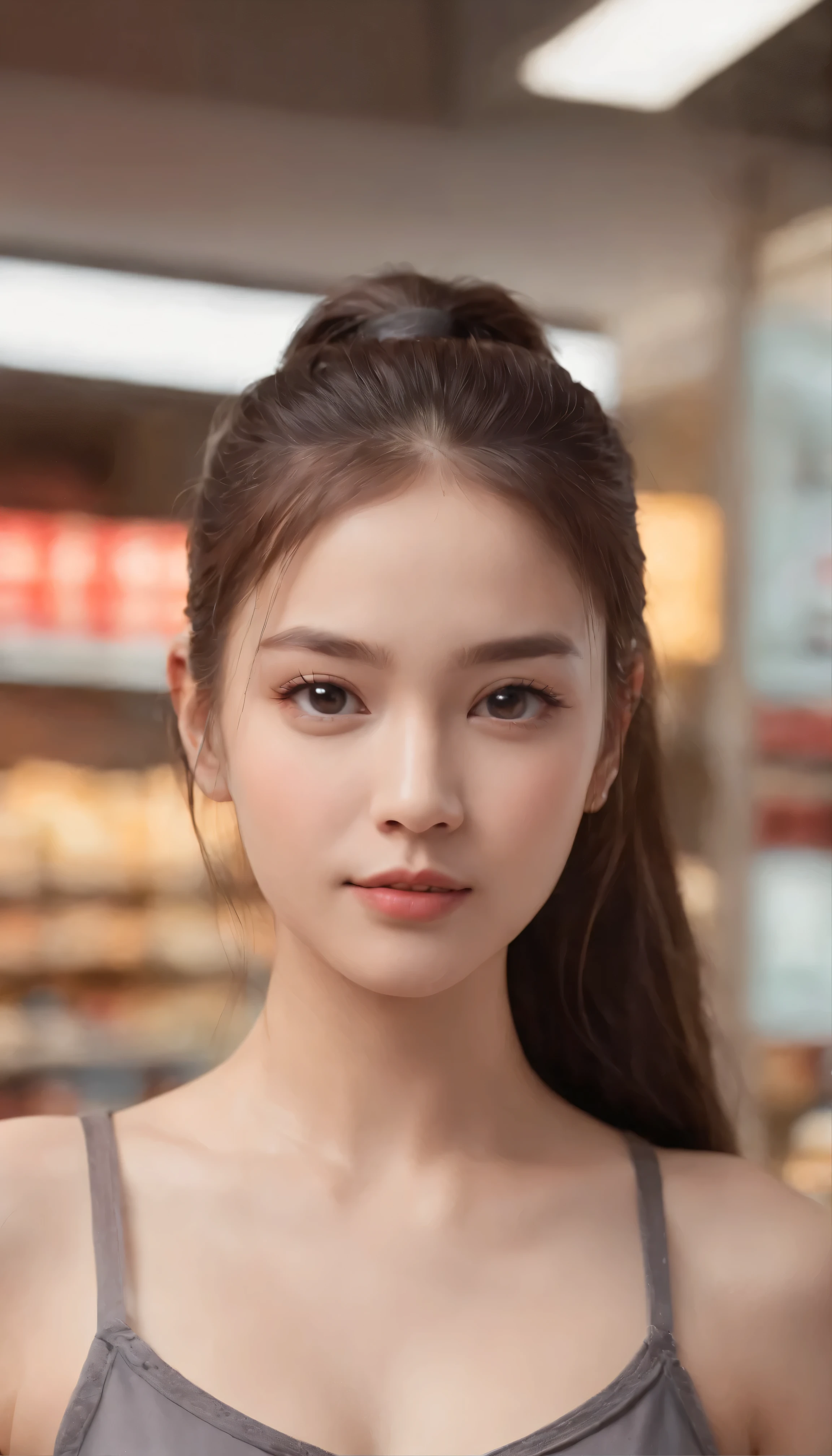 Kinematic Matrix 5, National Foundation,20-year-old girl with ponytail, Large dark gray eyes, And a perfect oval face, Presented in a realistic style,With sharp edges and a vibrant vibe, Standing in a convenience store with bare chest