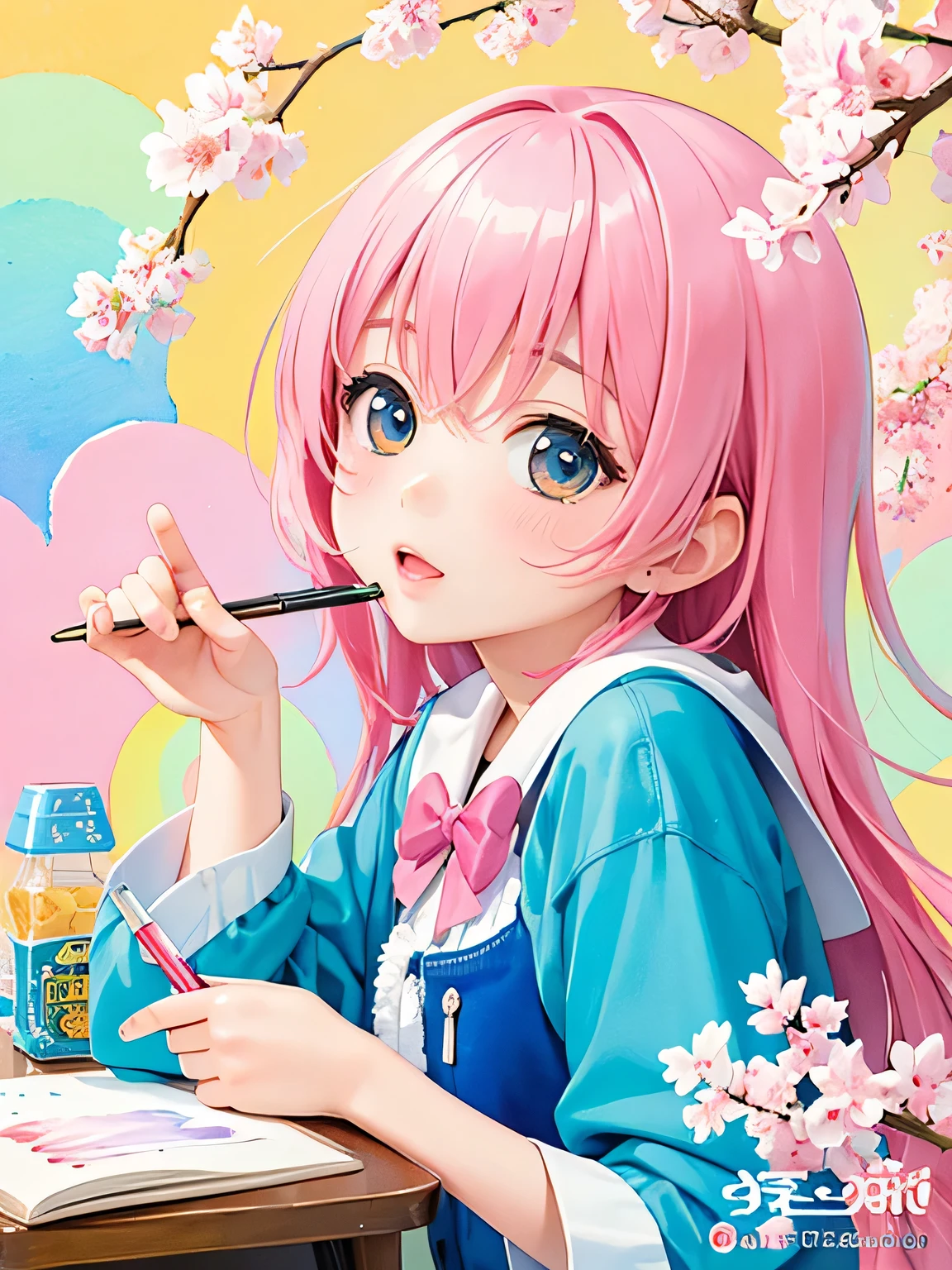 Momoko Sakura style、8K Quality、Intense watercolor, Detailed watercolor art, Watercolor splash, Surreal, avant-garde pop art, Beautiful and expressive paintings, Beautiful artwork illustration, Very colorful tones, wonderful, Cool beauty, highest quality、Official Art, Vector art, Stylish design, ((The most beautiful girl of all time)), (((highest quality))), HDR, ((detailed)), (((Doodle Art)), ((masterpiece)), ((Super detailed)), (((Lots of friends))), ((Study together)))、School、