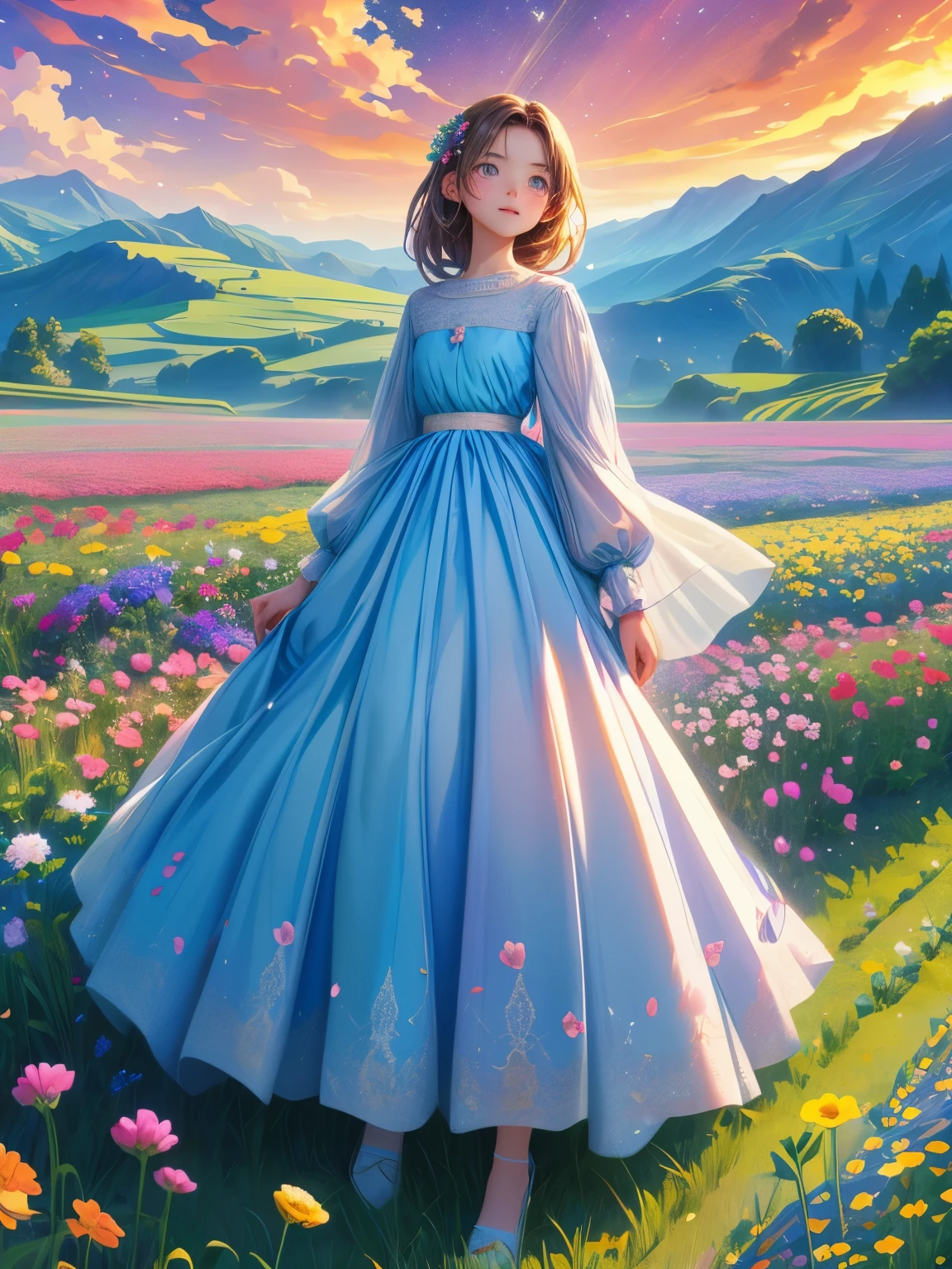 There is a girl Standing in a flower field looking up at the sky, a girl Standing in a flower field, Girl walking in a flower field, I was lost in a dream-like wonderland, Standing in a flower field, Amazing digital painting, The sky gradually cleared, The starry sky is gradually々moving away from  