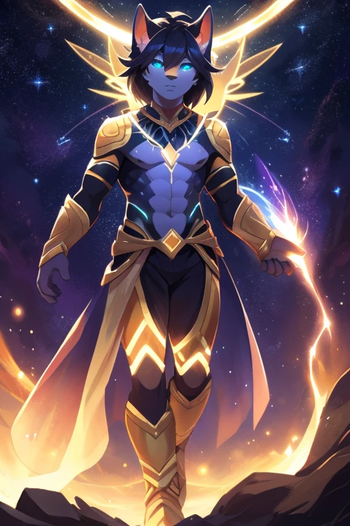 Zephyrith appears as a being woven from stardust and cosmic energy, giving him a luminous, otherworldly glow. His body seems to be composed of constellations, creating the impression of a walking galaxy."