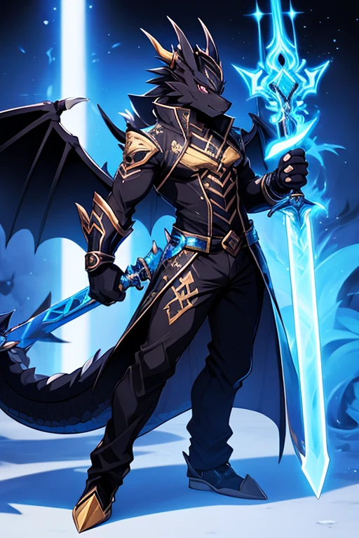 Black dragon. Fantactic warrior. RPG. Blue flames. Holding a sword. Big dragon wings. Wearing pants. Futuristic outfit. Cool pose. Anthro style. Furry art.