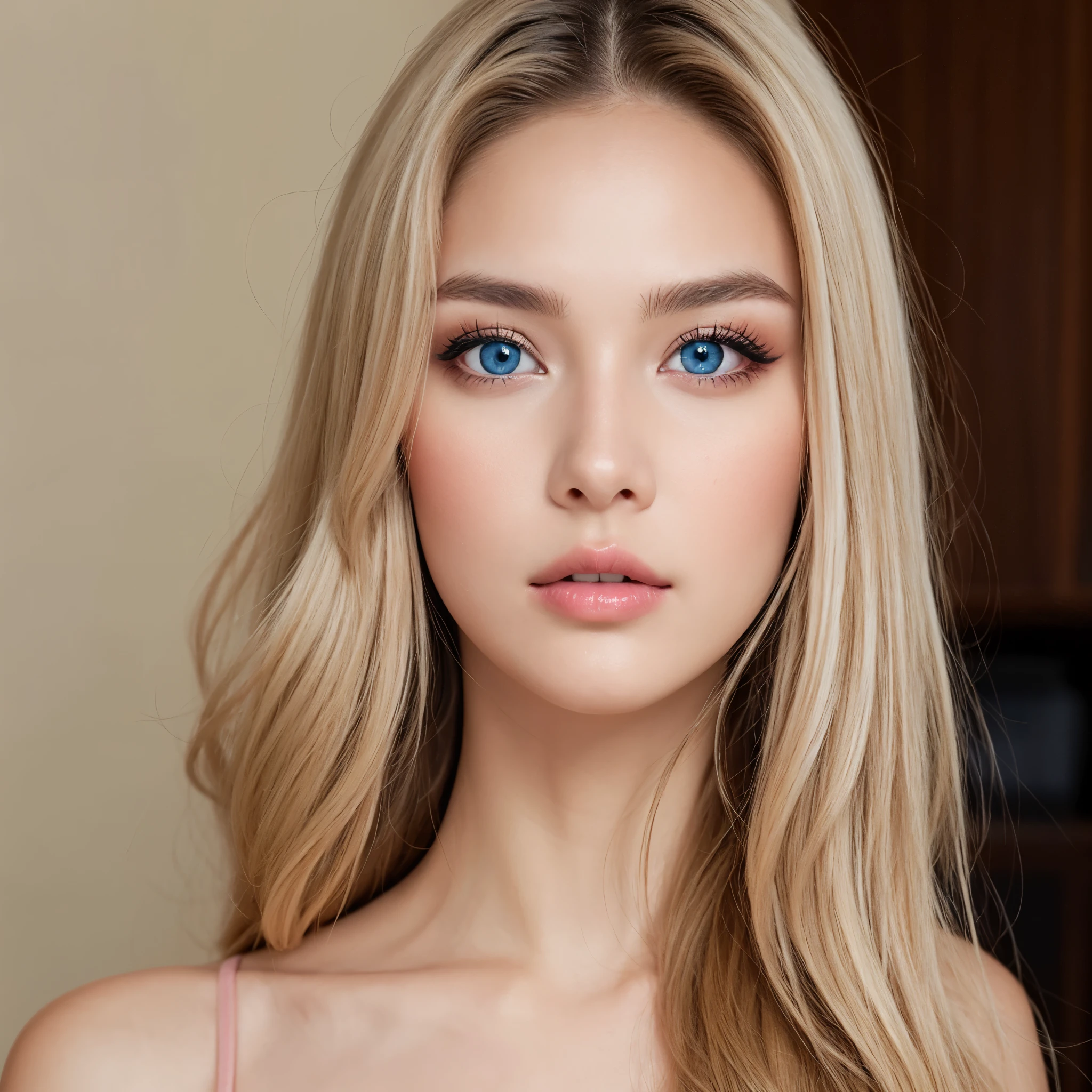 A girl with blonde hair and blue eyes and round pink eyes