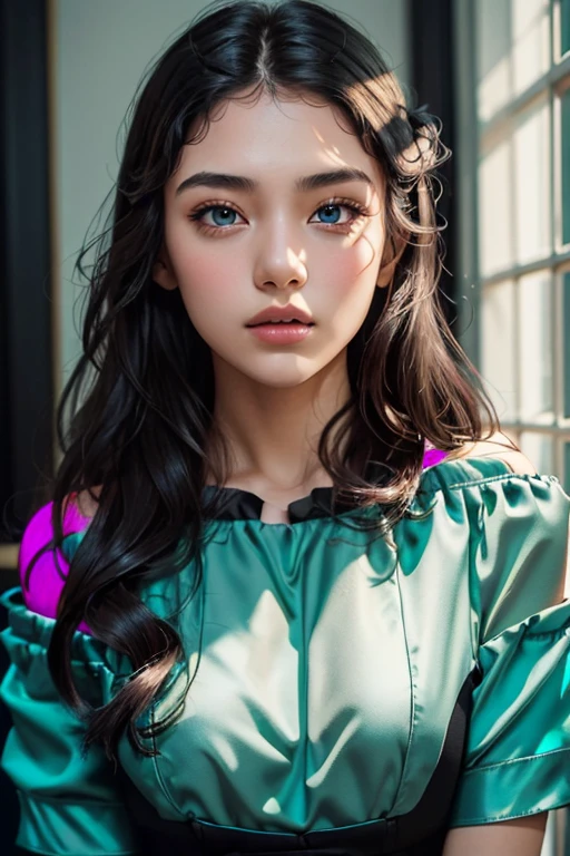 Woman 1,( ( consultation_Black off-shoulder slim blouse:1.5 ) ), ( parted_Bold waves:1.5 ) ,( masterpiece, top quality, best quality,8K,17 year old girl,very detailed,RAW photos:1.5),(realistic:1.4),(movie lights), surrealism, UHD, accurate, super detail, textured skin, high detail, best quality, dynamic angle, (high nose,White skin),[beautiful blue eyes] ,upper body,