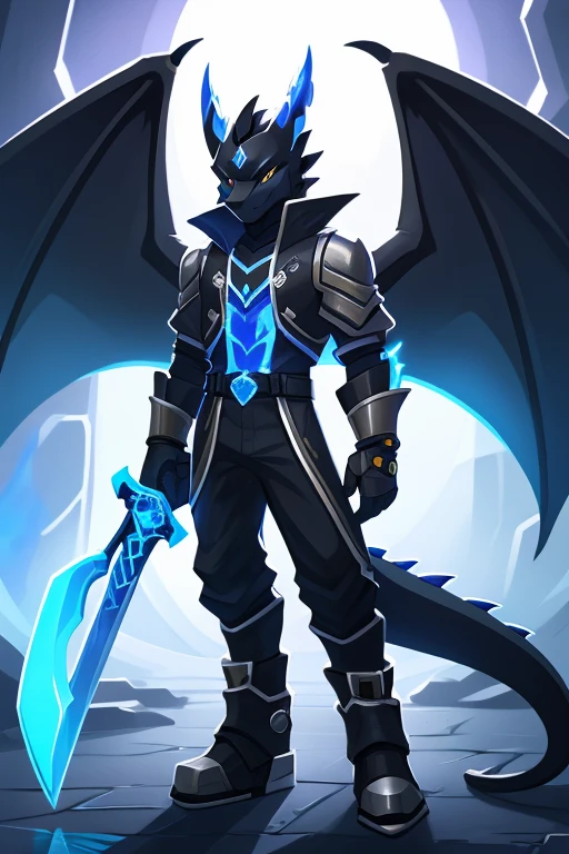 Black dragon. Fantactic warrior. RPG. Blue flames. Holding a sword. Big dragon wings. Wearing pants. Futuristic outfit. Cool pose. Anthro style. Furry art.