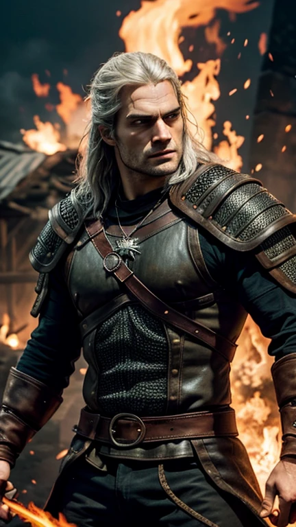 Man, witcher, henry cavill, king, fire all around, Sparks, Fiery explosion, element, strength, Brutality, Bright purple eyes, vortex, energy, irresistible charm, weapon, high quality, masterpiece