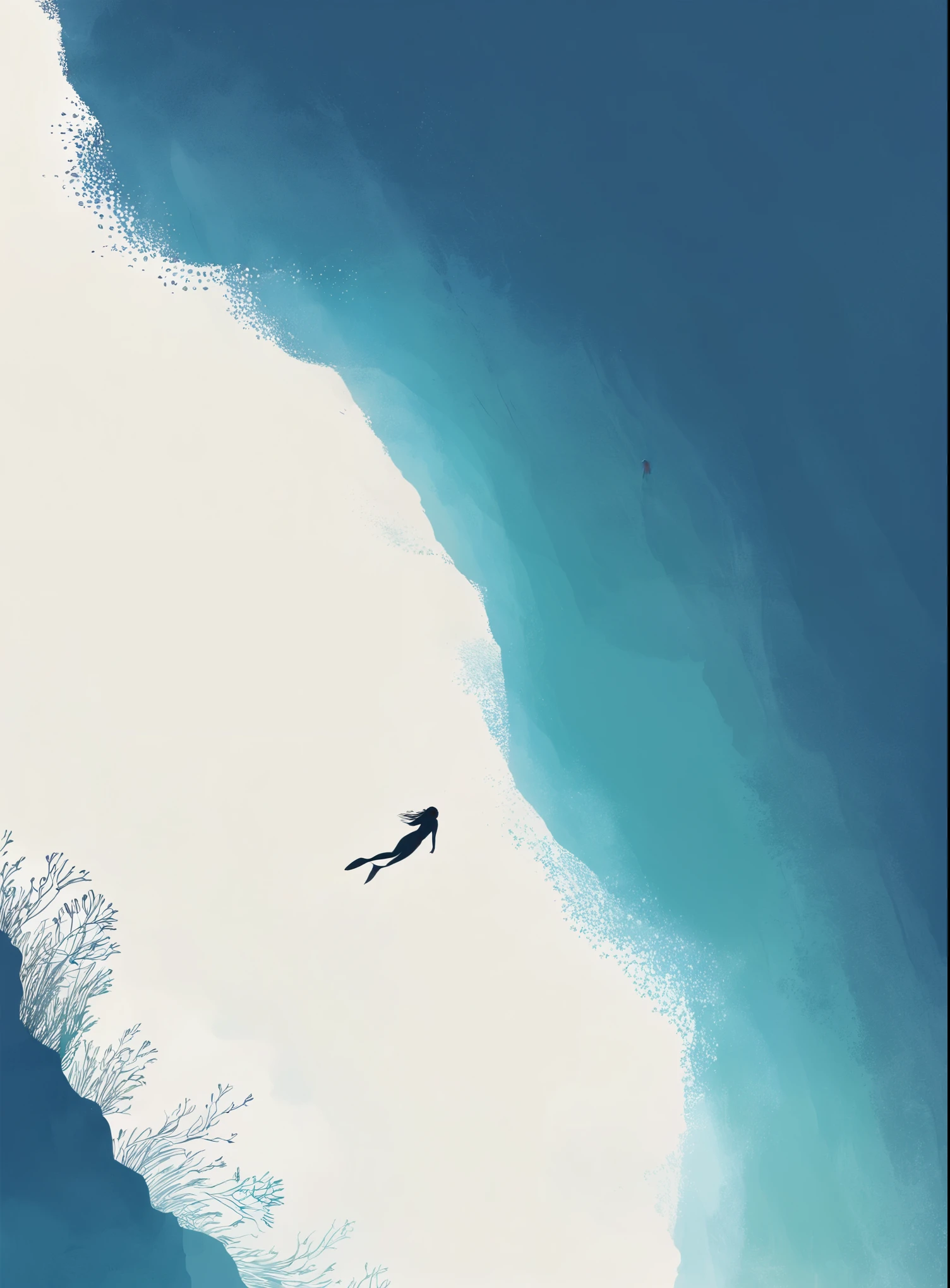 Minimalist Journey, diving, Solitary, 1 girl swimming gracefully, Minimalism, Under the Sea, illustration.