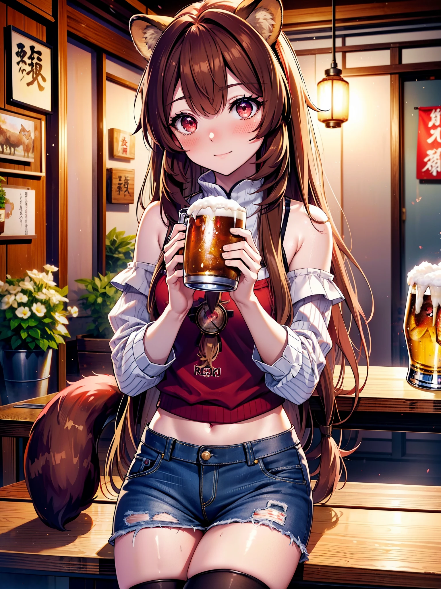 Raphtalia, Raphtalia, Animal ears, Brown Hair, Long Hair, Raccoon Ears, Raccoon Girl, racoon tail, (Red eyes:1.5), smile,blush,I'm drunk,tail,smile,Off-shoulder knitted tops,Short denim,Black knee socks,There is food and beer mugs on the table,Holding a beer mug in both hands,Sitting in a chair,Break indoors,Izakaya ,壊す looking at viewer, (Cowboy Shot:1.5),highest quality, High resolution, unity 8k wallpaper, (shape:0.8), (Beautiful detailed eyes:1.6), extra detailed face, Perfect lighting, extremely details CG, (Perfect hands, Perfect Anatomy), (