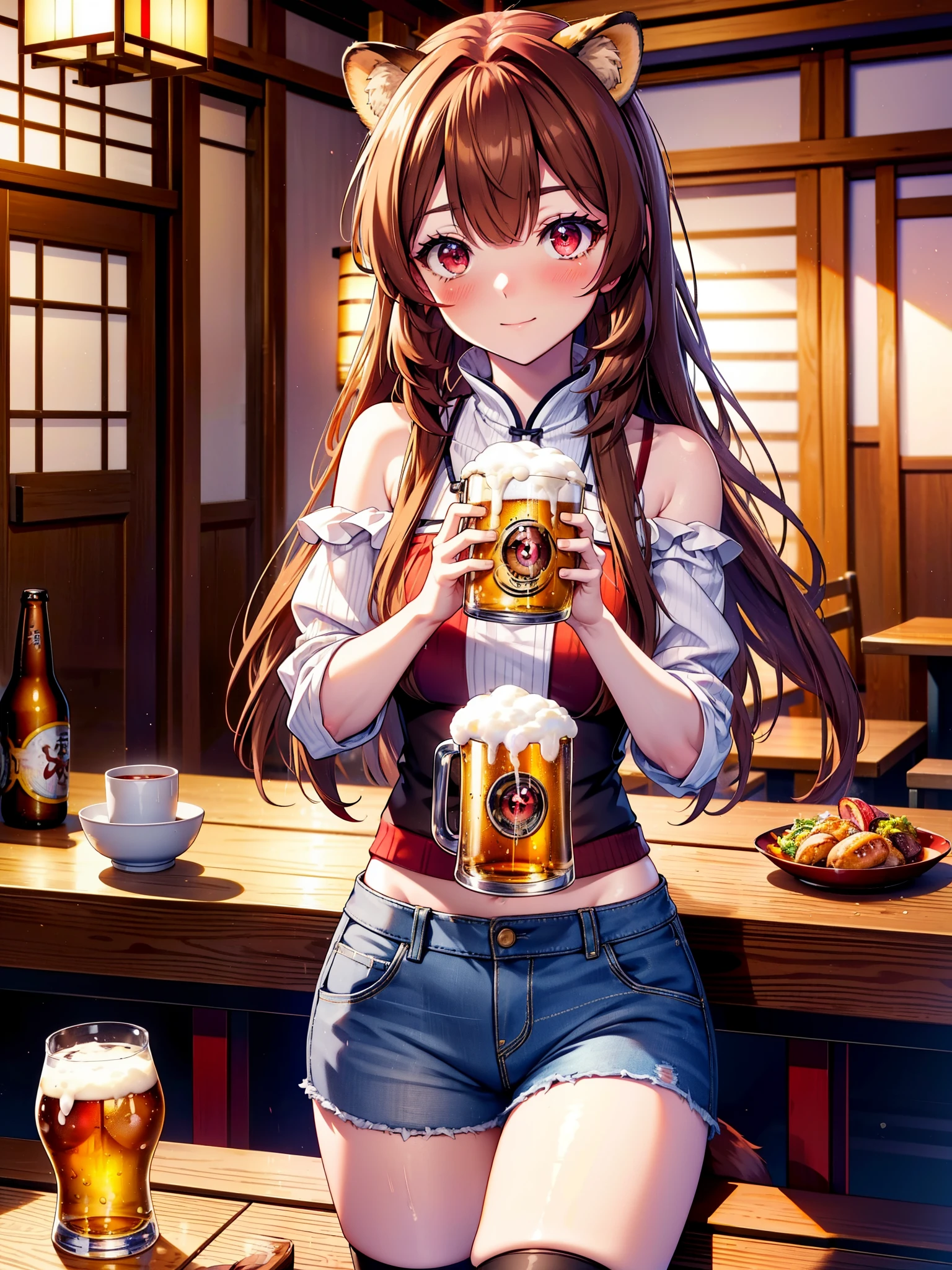 Raphtalia, Raphtalia, Animal ears, Brown Hair, Long Hair, Raccoon Ears, Raccoon Girl, racoon tail, (Red eyes:1.5), smile,blush,I'm drunk,tail,smile,Off-shoulder knitted tops,Short denim,Black knee socks,There is food and beer mugs on the table,Holding a beer mug in both hands,Sitting in a chair,Break indoors,Izakaya ,壊す looking at viewer, (Cowboy Shot:1.5),highest quality, High resolution, unity 8k wallpaper, (shape:0.8), (Beautiful detailed eyes:1.6), extra detailed face, Perfect lighting, extremely details CG, (Perfect hands, Perfect Anatomy), (