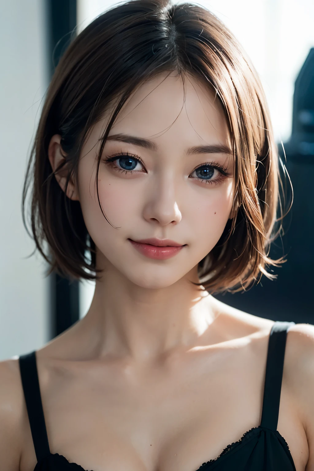 Ultra-high resolution、(Real:1.4)、One beautiful woman、Beautifully detailed eyes and skin、A Little Smile、Light brown short hair、Space Station、Bright interior、Cloudy、Sci-Fi Taste、Movie quality、dramatic、Dramatic composition、