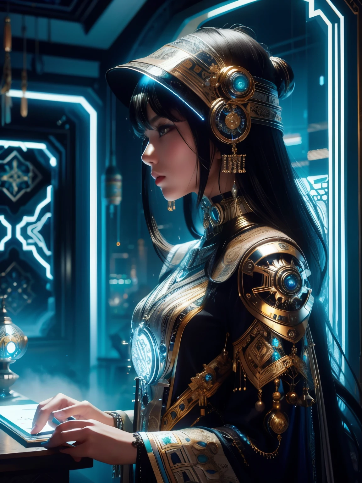 (high quality), (masterpiece), (detailed), 8K, Hyper-realistic digital illustration depicts (Japanese woman1.3) with (raven-black hair1.2) and (intense black eyes1.2), donning (futuristic fantasy attire1.2) that blends (modern neon-lit accents1.2) with (intricate Moroccan tile patterns1.2) and (Tunisian Arabic calligraphy1.2). Her (upper body1.2) is adorned with (shimmering silver jewelry1.2) and (intricate, glowing dark circuits1.2) that evoke a sense of technological exoticism. In style of Ian McQue, trending on DeviantArt.