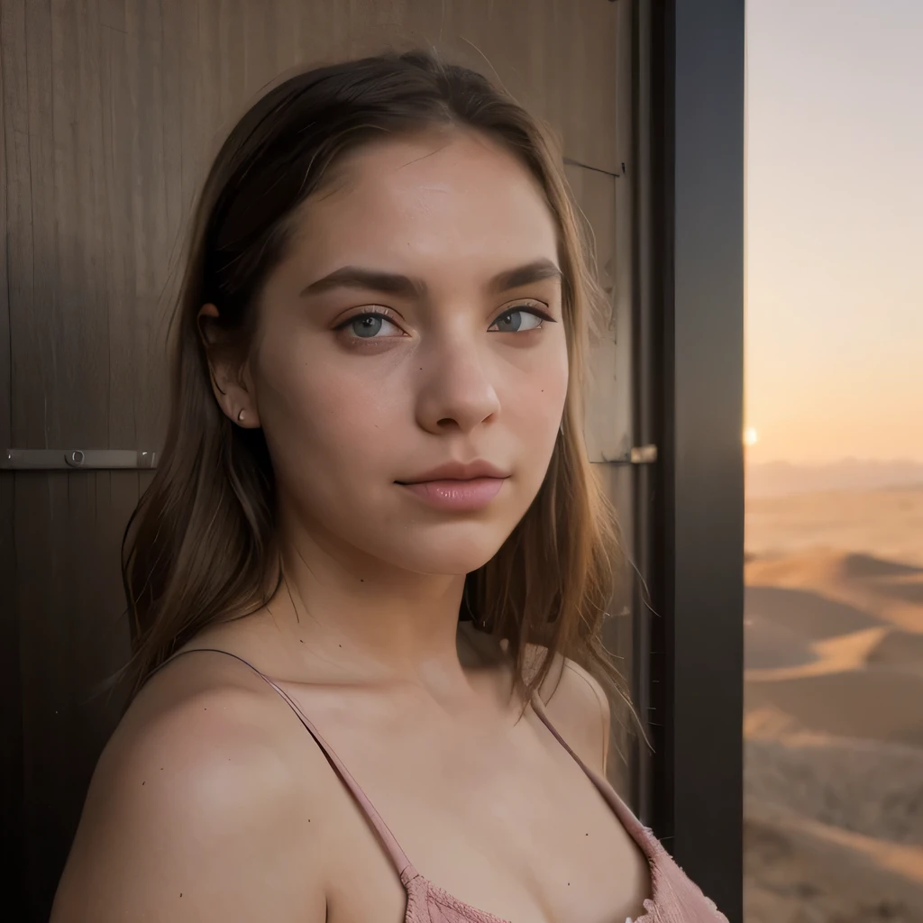 photo of a college student, in Desert Color Coarse Linen Pink,Desert Color Coarse Linen, (freckles:0.8) cute face, sci-fi, dystopian, detailed eyes, Heterochromia eyes((Side view))