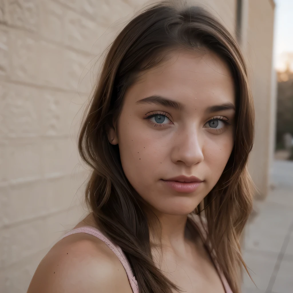 photo of a college student, in Desert Color Coarse Linen Pink,Desert Color Coarse Linen, (freckles:0.8) cute face, sci-fi, dystopian, detailed eyes, Heterochromia eyes((Side view))
