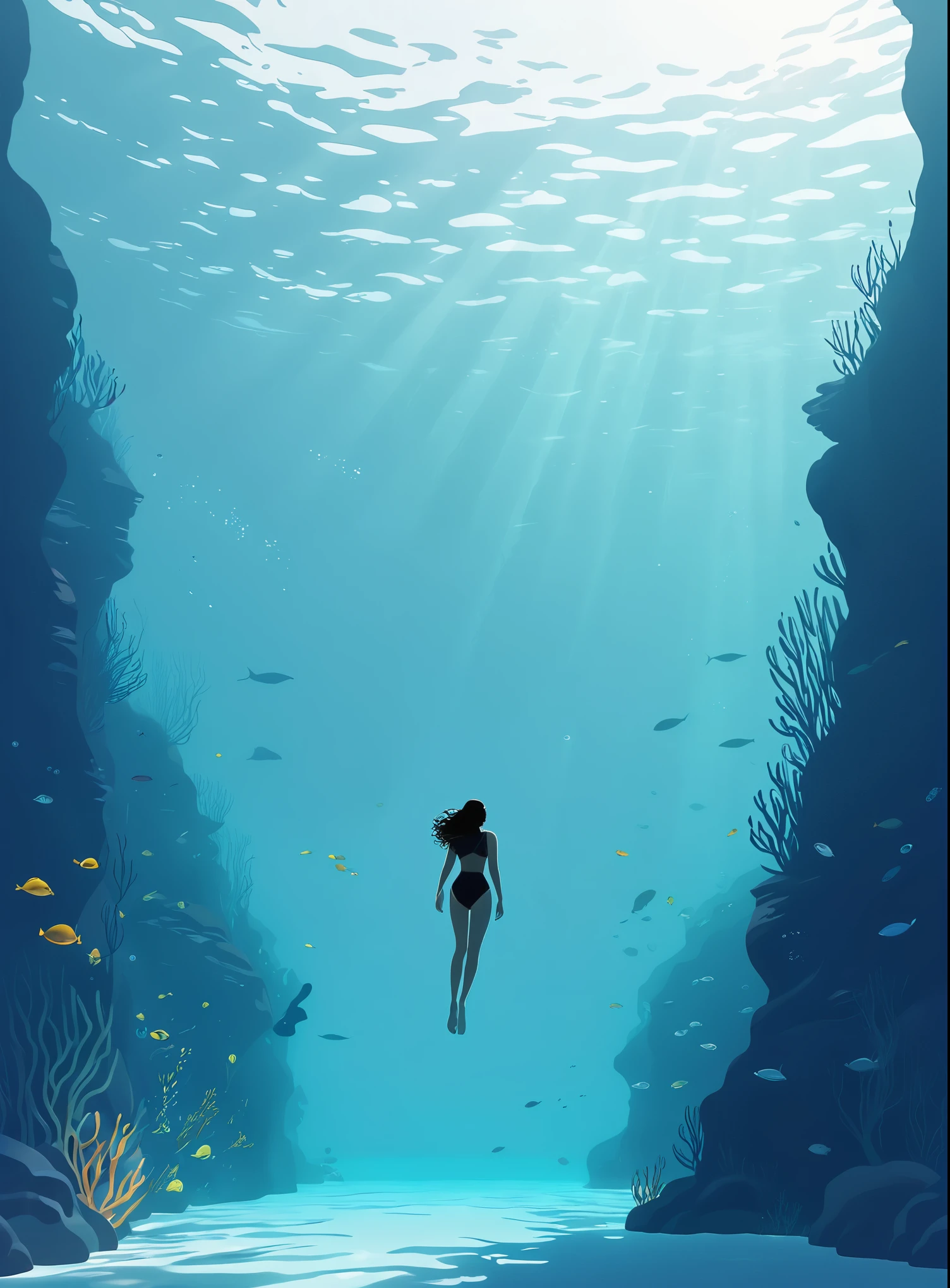 Minimalist Journey, diving, Solitary, 1 girl swimming gracefully with beautiful curves, Minimalism, Under the Sea, illustration.