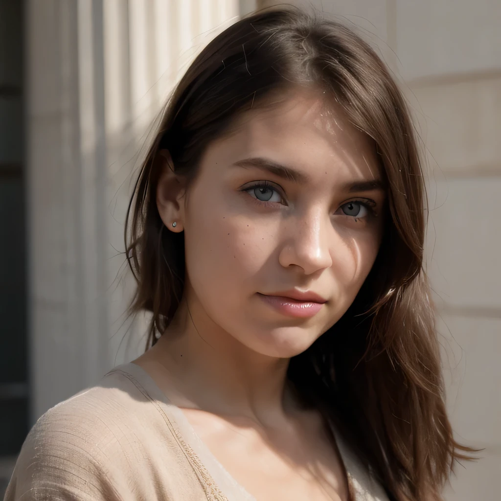 photo of a college student, in Desert Color Coarse Linen Pink,Desert Color Coarse Linen, (freckles:0.8) cute face, sci-fi, dystopian, detailed eyes, Heterochromia eyes（（Side view））
