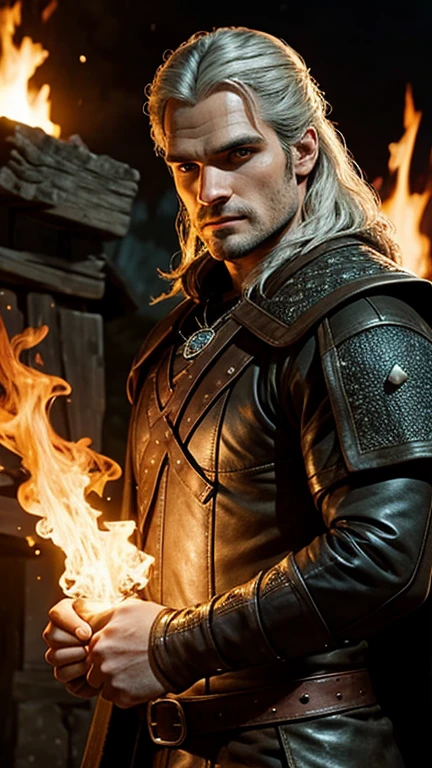  Man, witcher, henry cavill, king, Close-up, fire all around, Sparks, Fiery explosion, element, strength, Brutality,  Bright purple eyes, vortex, energy, irresistible charm, weapon, high quality, masterpiece