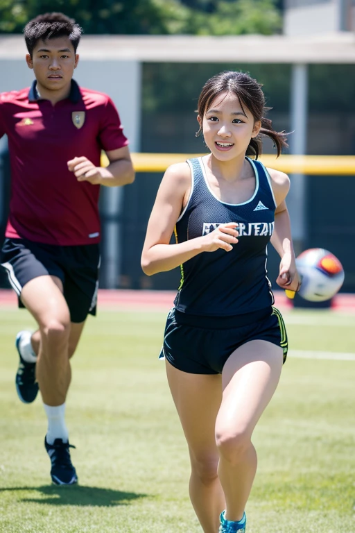 (8k, RAW Photos, highest quality, masterpiece:1.3), (Realistic, photo-Realistic:1.4), (Highly detailed 8k wallpaper), Sharp focus, Written boundary depth,
Japanese Idols,very cute,(Baby Face), (Training wear, training shoes:1.3),(Shortcuts : 1.3), Look at us and laugh, whole body, Are standing, Highly detailed face and eyes,((Shiny skin:1.2)), Cinema Lighting, Soft Light, Blur the background, Training Room)