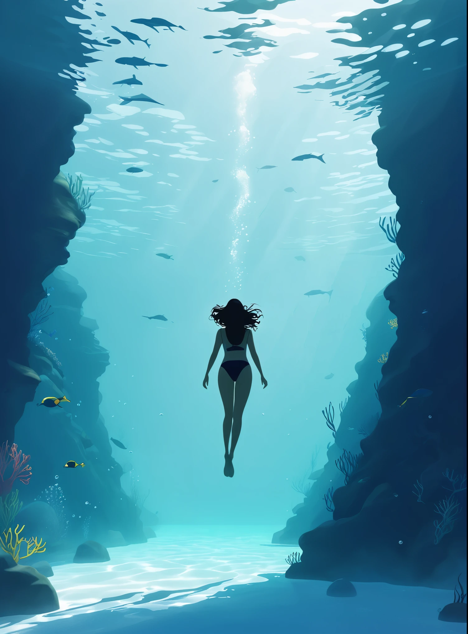 Minimalist Journey, diving, Solitary, 1 girl swimming gracefully with beautiful curves, Minimalism, Under the Sea, illustration.