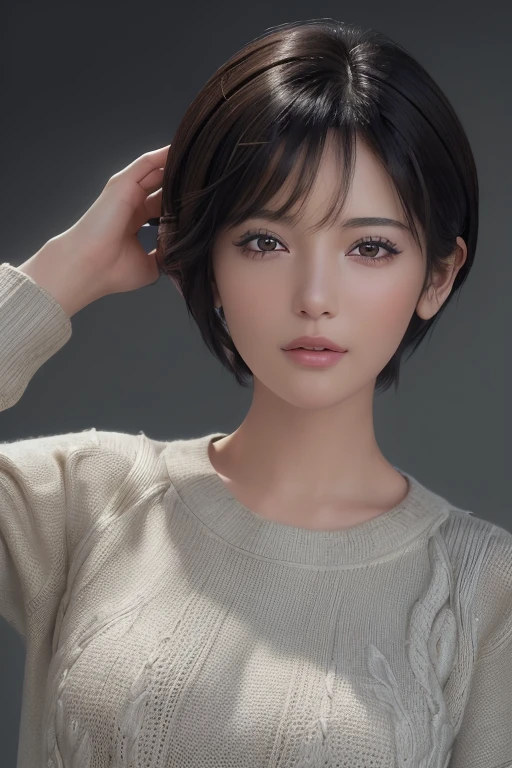 (masterpiece:1.3), (8k, Realistic, RAW Photos, highest quality: 1.4), (One girl), Beautiful Face, (Realistic Face), (Black Hair, short hair:1.3), Beautiful hairstyle, Realistic eyes, Beautiful fine details, (Realistic Skin), Beautiful Skin, (sweater), Absurd, Charm, Ultra-high resolution, Ultra-realistic, Very detailed, Golden Ratio