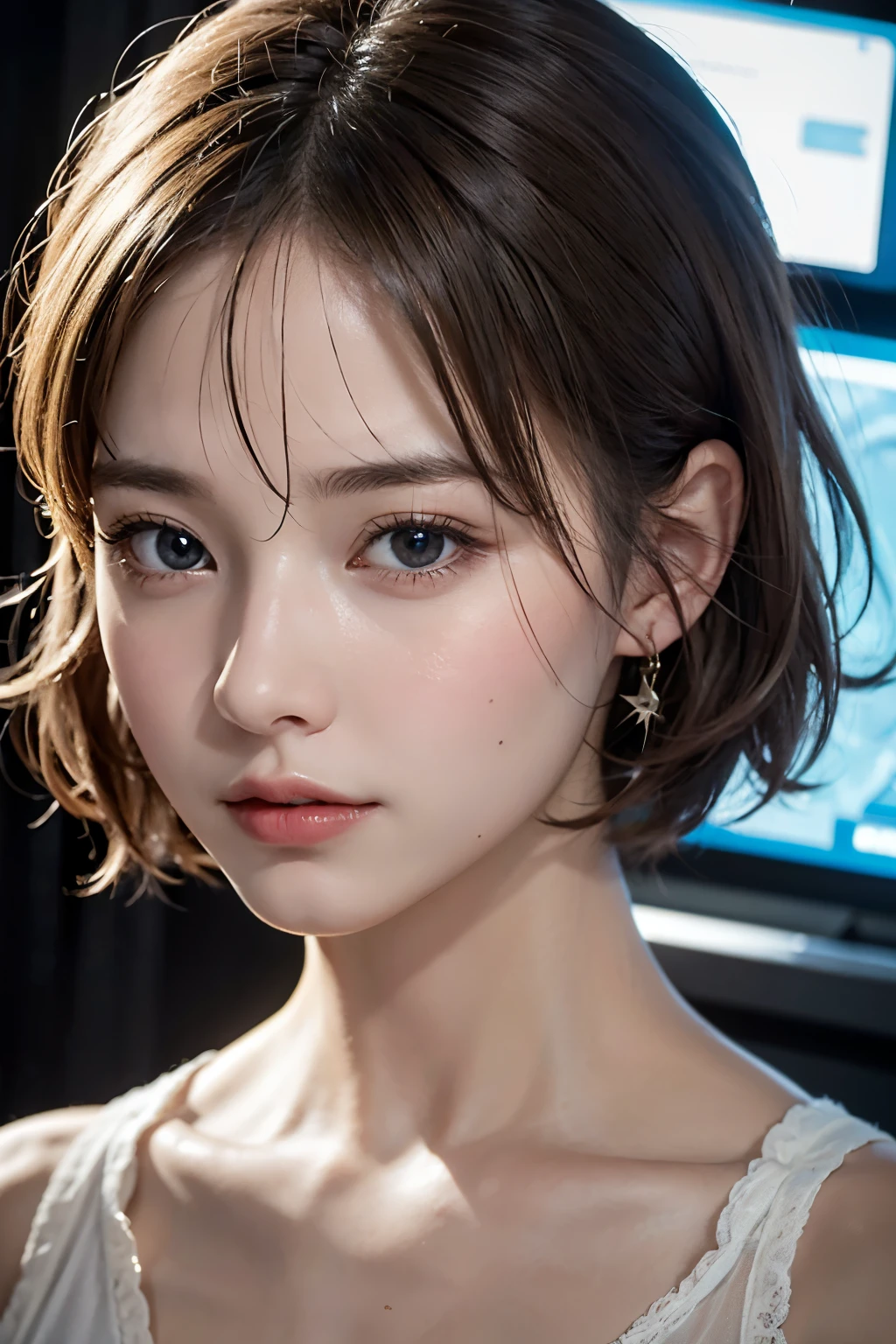 Ultra-high resolution、(Real:1.4)、One beautiful woman、Beautifully detailed eyes and skin、Light brown short hair、Space Station、Bright interior、Remains、Cloudy、Sci-Fi Taste、Movie quality、dramatic、Dramatic composition、