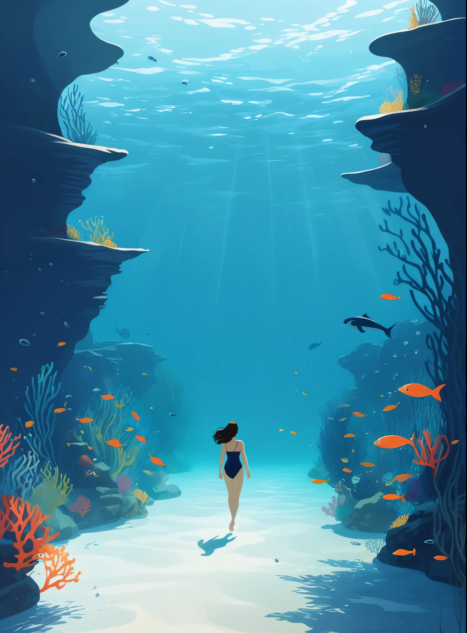 Minimalist Journey, diving, Solitary, 1 girl swimming gracefully with beautiful curves, Minimalism, Under the Sea, illustration.